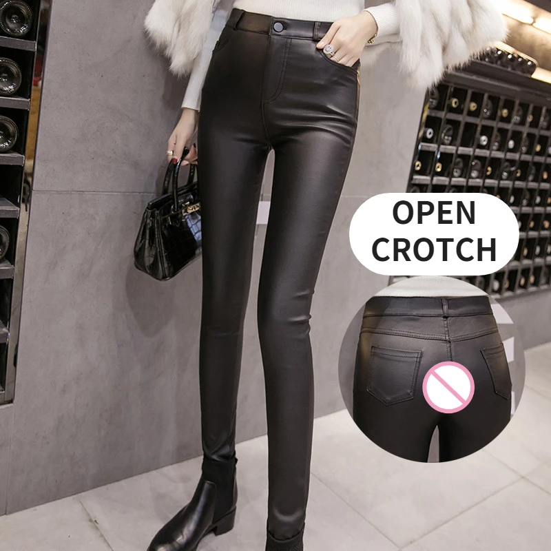 Outdoor Sport Leggings - Kobieta otwarte krocza seksowne legginsy PU